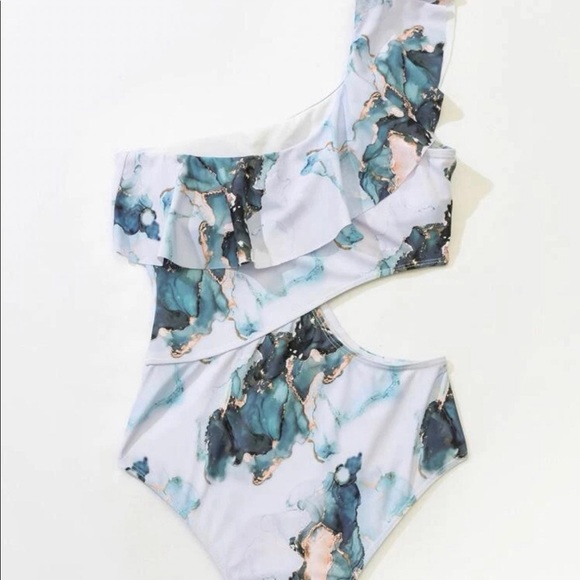 NWT marble print ruffle one shoulder swimsuit - Picture 2 of 2
